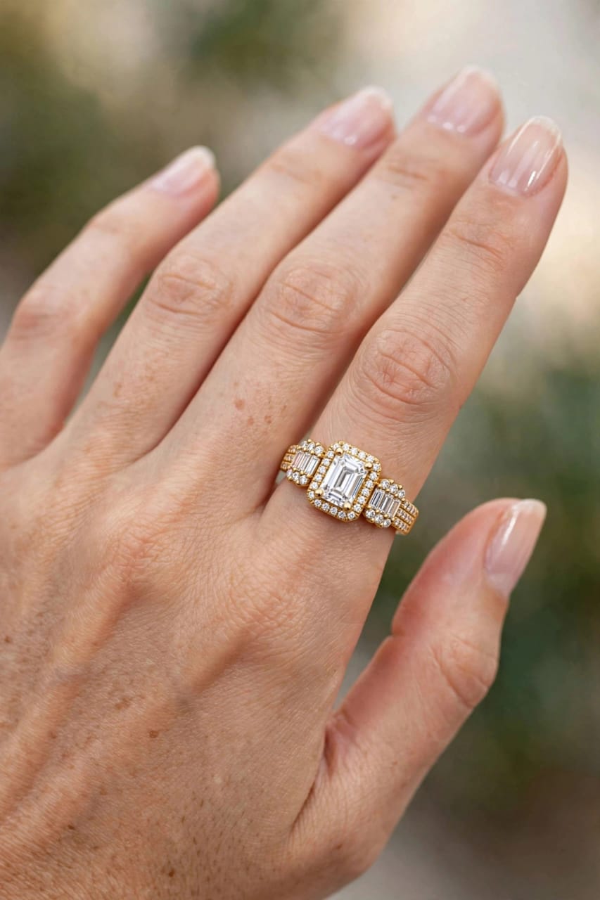 Elegant Emerald Cut Crystal Ring for Women – Vintage Halo Statement Ring
