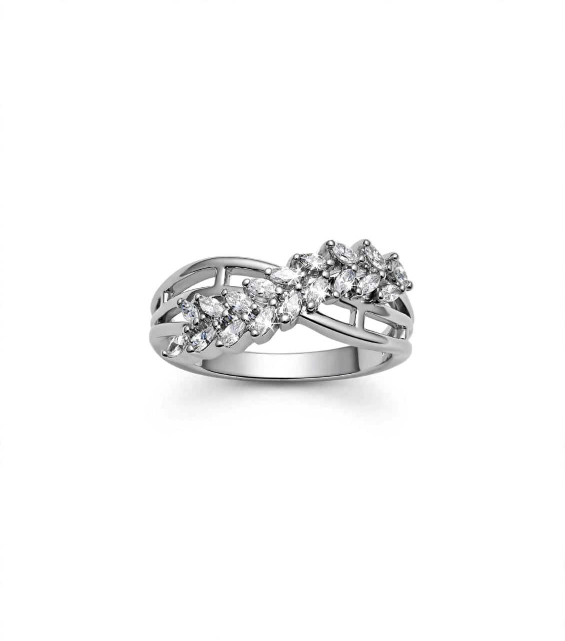 Elegant Silver Crystal Leaf Ring for Women – Sparkling Floral Statement Ring