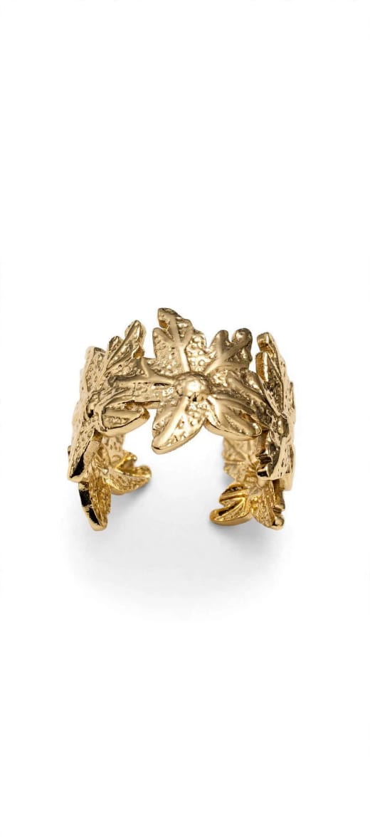 Gold Tone Stainless Steel Floral Ring for Women – Vintage Leaf Statement Ring