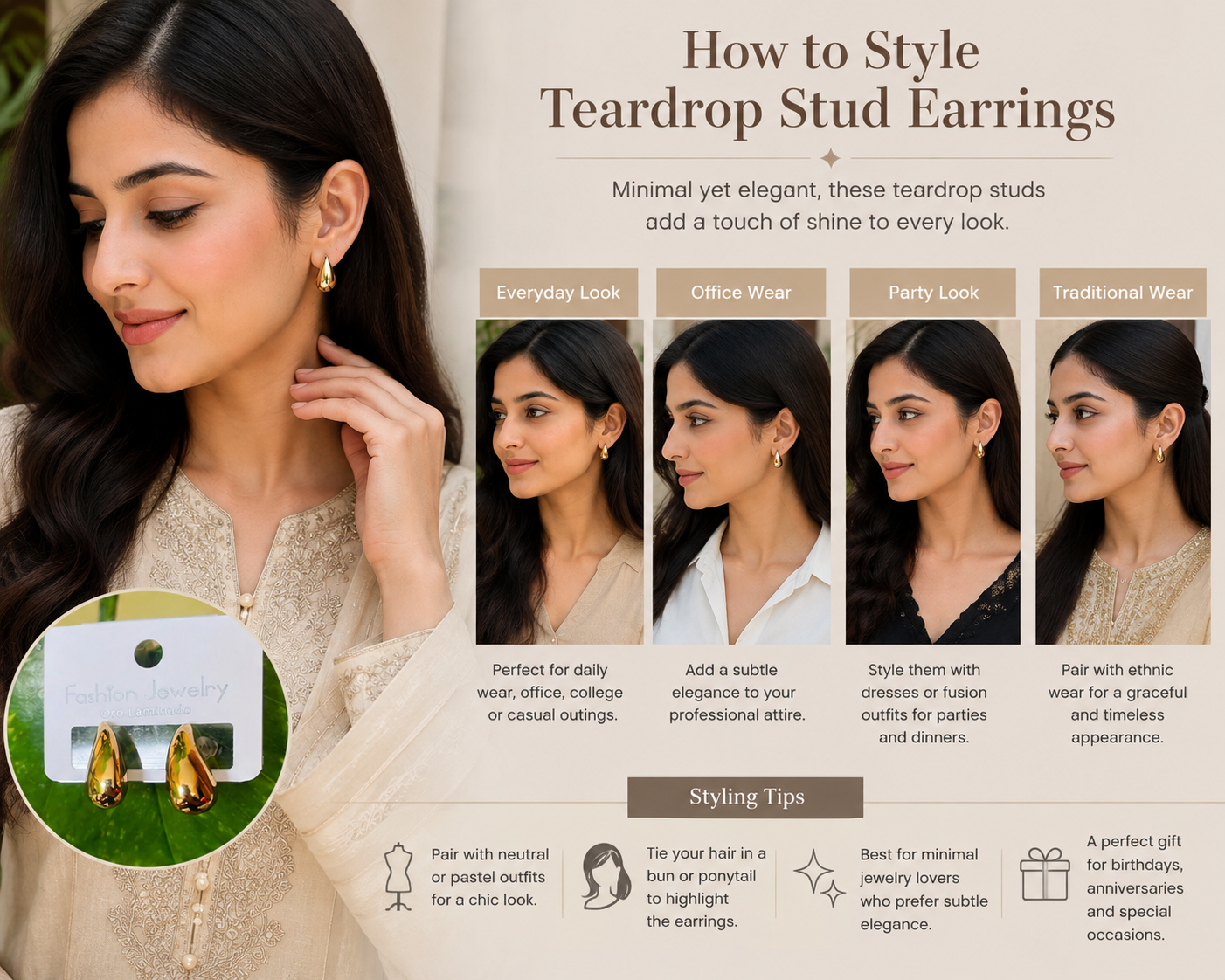 Gold Teardrop Stud Earrings – Elegant Minimalist Fashion Earrings for Women