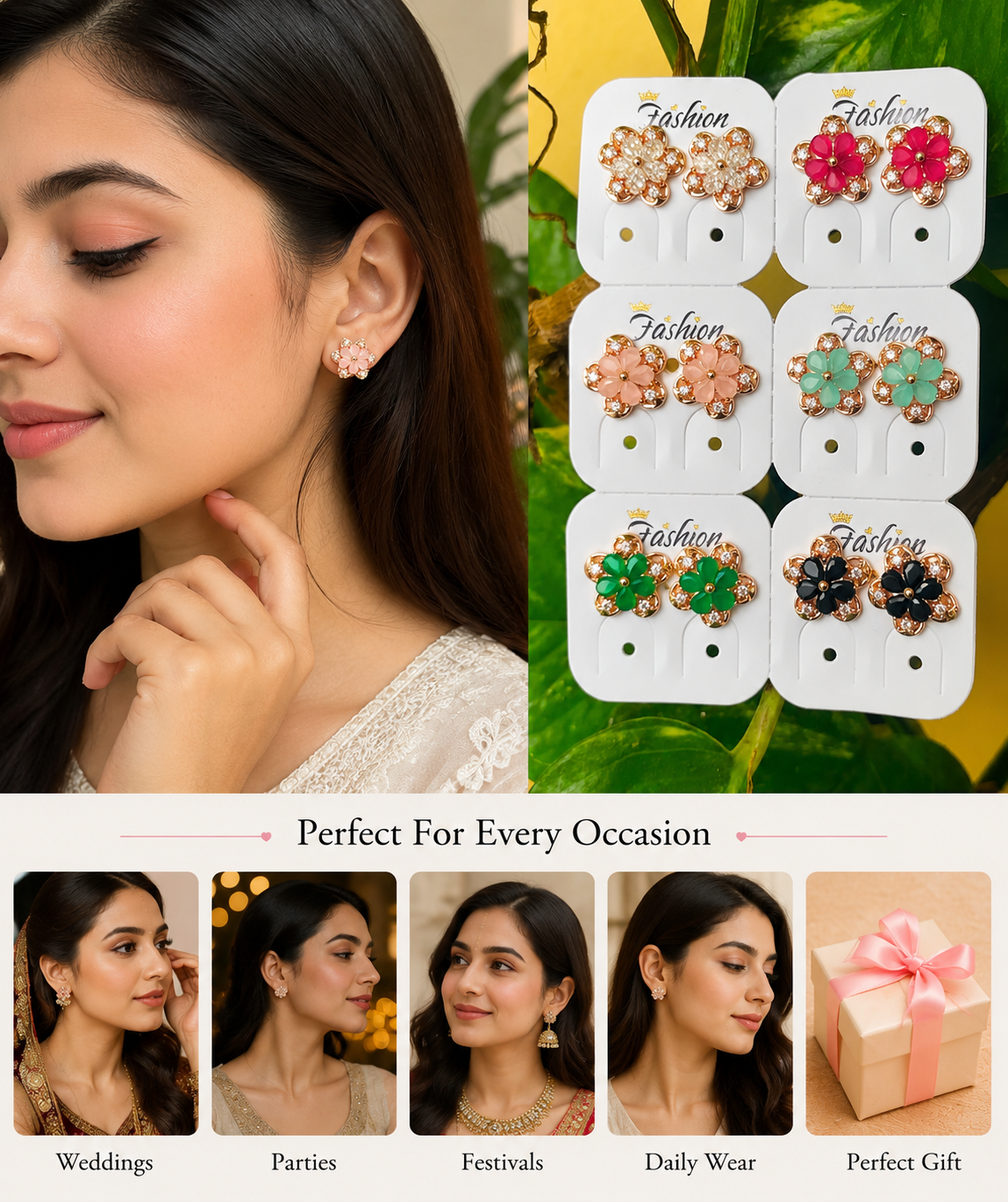Bloom Crystal Flower Stud Earrings for Women | Colorful Floral Party & Everyday Earrings
