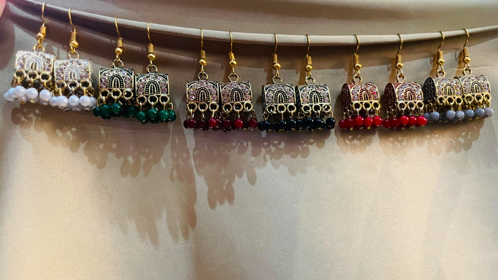 Vintage Antique Gold Plated Jhumka Earrings with Maroon Beads | Ethnic Earrings for Women