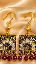 Vintage Antique Gold Plated Jhumka Earrings with Maroon Beads | Ethnic Earrings for Women
