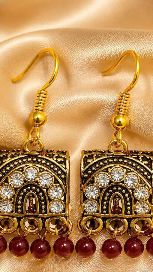Vintage Antique Gold Plated Jhumka Earrings with Maroon Beads | Ethnic Earrings for Women