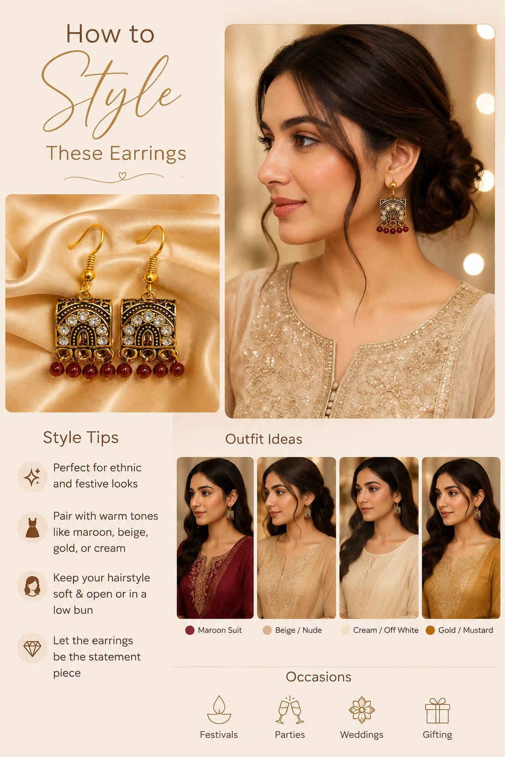 Vintage Antique Gold Plated Jhumka Earrings with Maroon Beads | Ethnic Earrings for Women