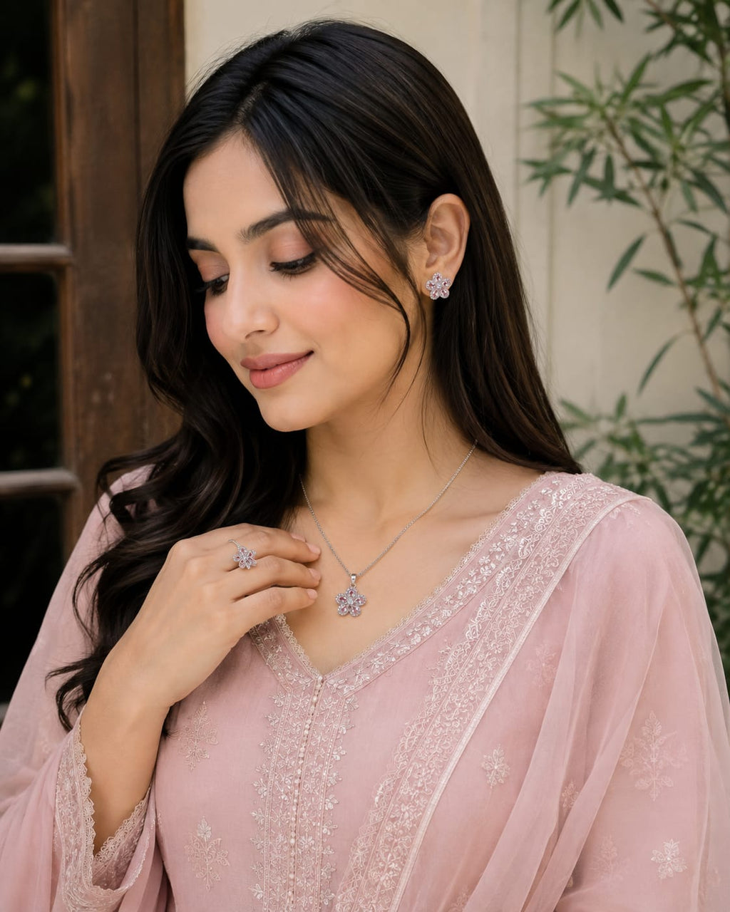 Luxury Floral Crystal Jewelry Set for Women | Necklace, Earrings & Ring Set
