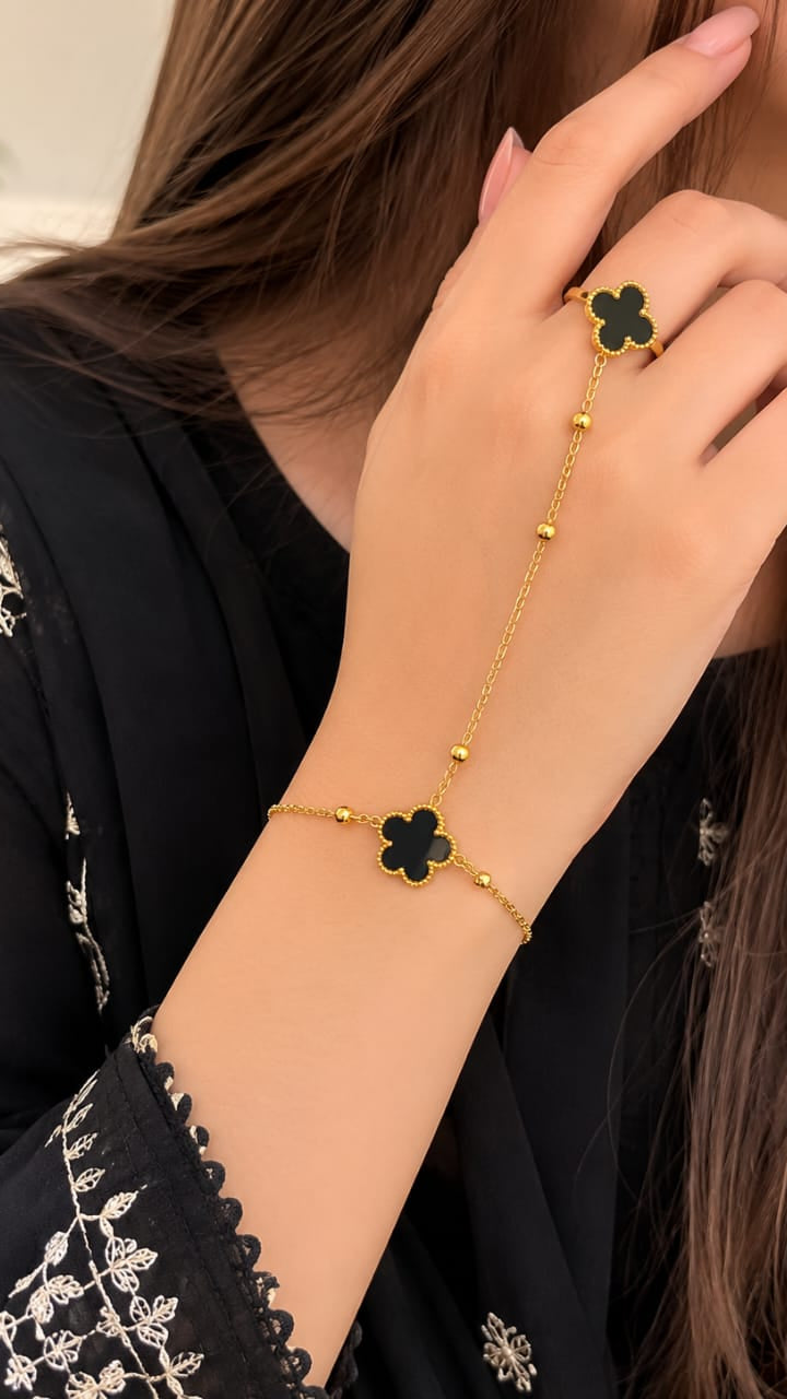 Black Clover Hand Chain Bracelet & Ring for Women – Luxury Gold Hand Harness