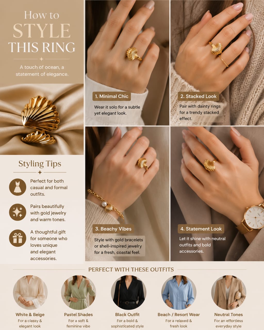 Golden Seashell Adjustable Ring for Women | The Jewels Studio