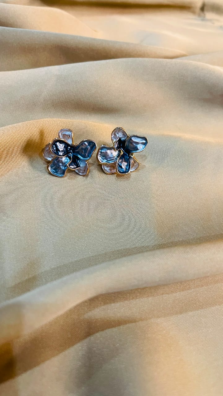 Stainless Steel Blue Flower Stud Earrings