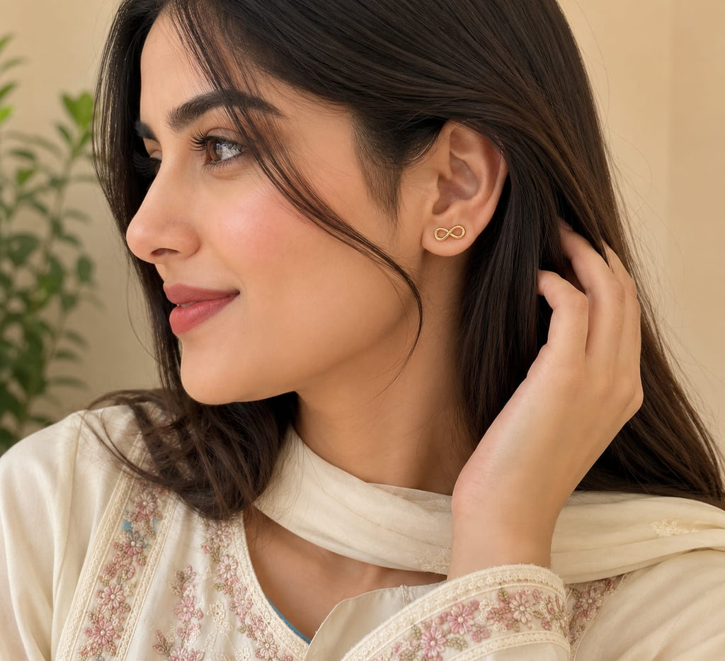 Infinity Gold Stud Earrings for Women – Minimalist Endless Love Earrings | Trendy Fashion Jewelry Pakistan