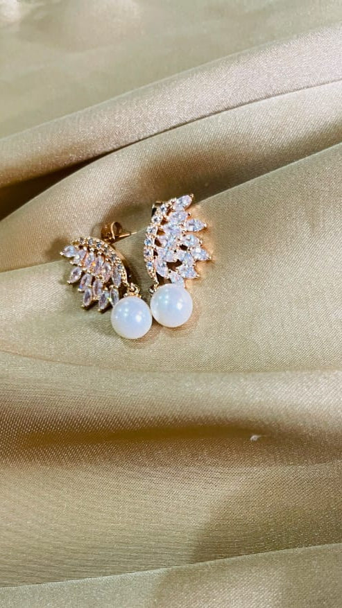 Elegant Crystal Leaf Pearl Drop Earrings for Women | Gold-Tone Party Earrings