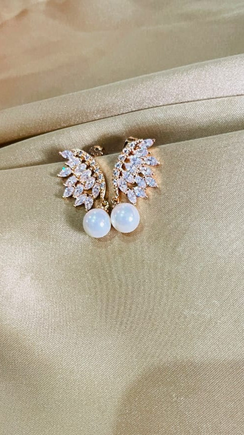 Elegant Crystal Leaf Pearl Drop Earrings for Women | Gold-Tone Party Earrings