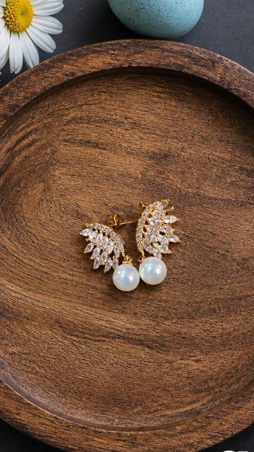 Elegant Crystal Leaf Pearl Drop Earrings for Women | Gold-Tone Party Earrings