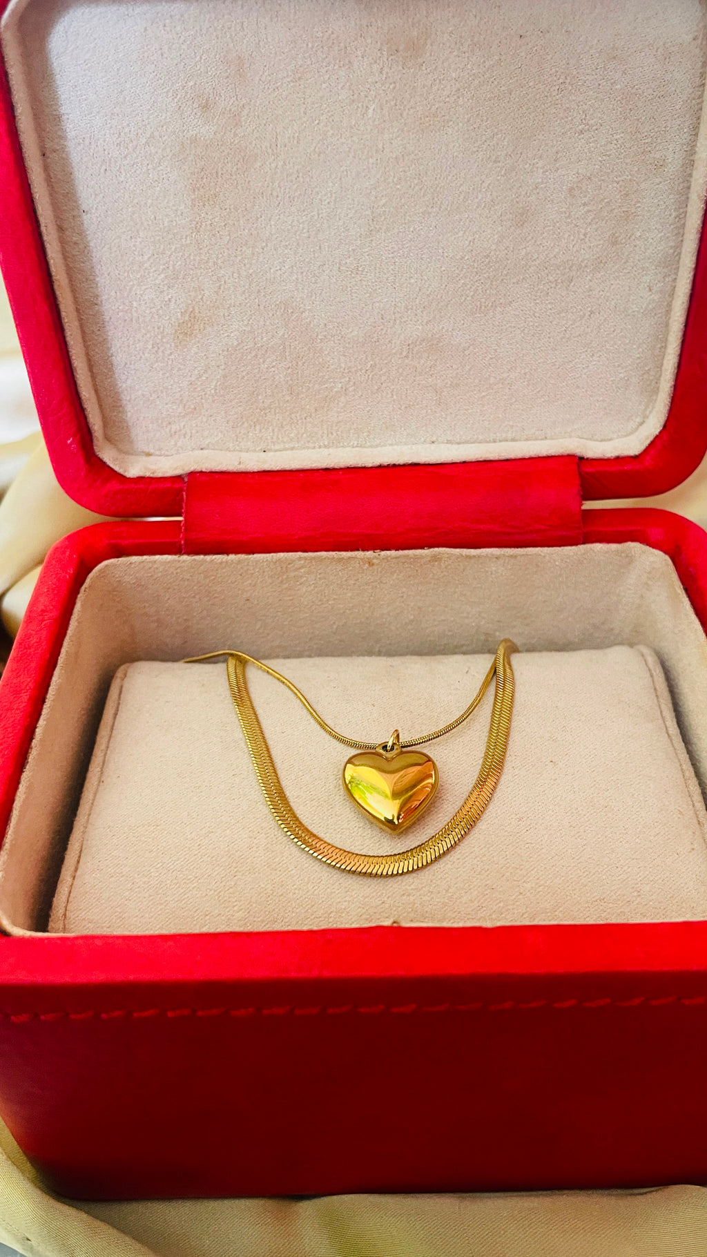 Gold-Tone Layered Heart Pendant Necklace for Women | Puffy Heart Charm Double Layer Snake & Herringbone Chain