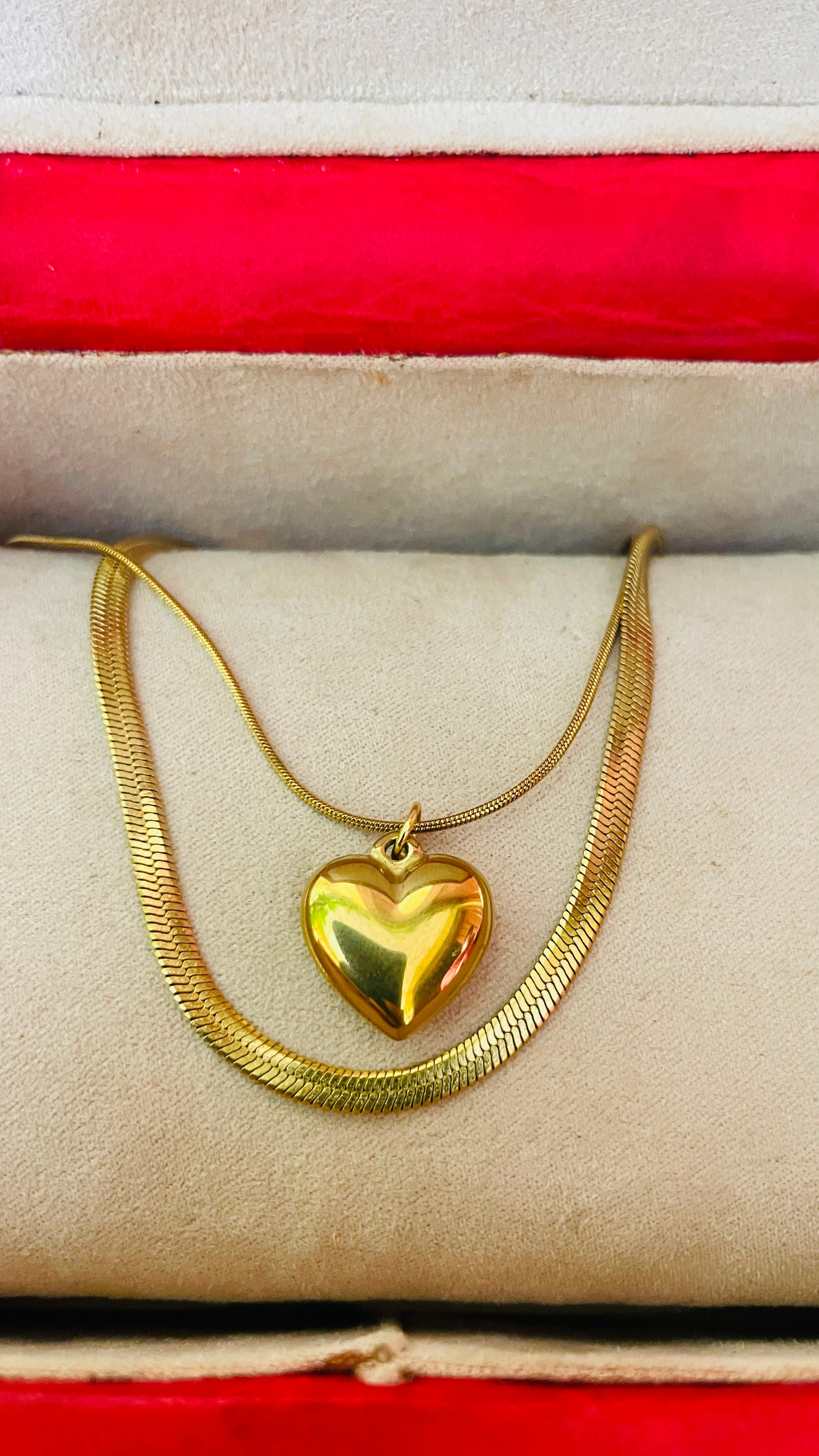Gold-Tone Layered Heart Pendant Necklace for Women | Puffy Heart Charm Double Layer Snake & Herringbone Chain