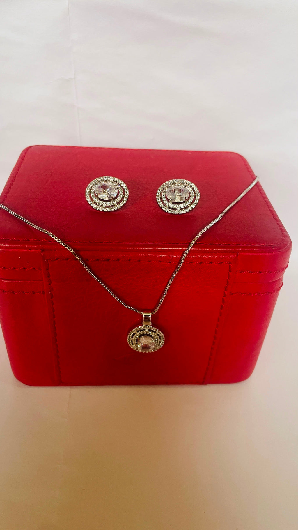 Silver-Tone Crystal Jewelry Set for Women | Round CZ Pendant Necklace & Matching Stud Earrings