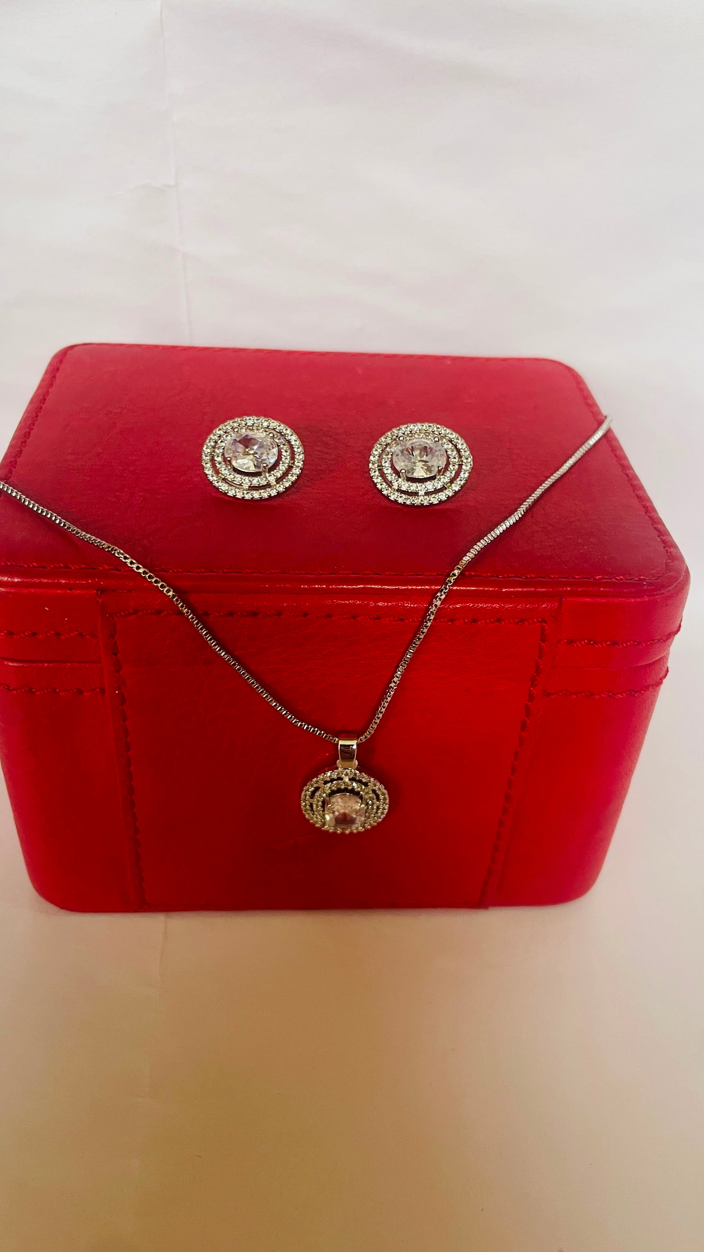 Silver-Tone Crystal Jewelry Set for Women | Round CZ Pendant Necklace & Matching Stud Earrings