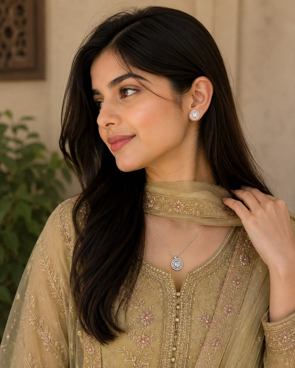 Silver-Tone Crystal Jewelry Set for Women | Round CZ Pendant Necklace & Matching Stud Earrings