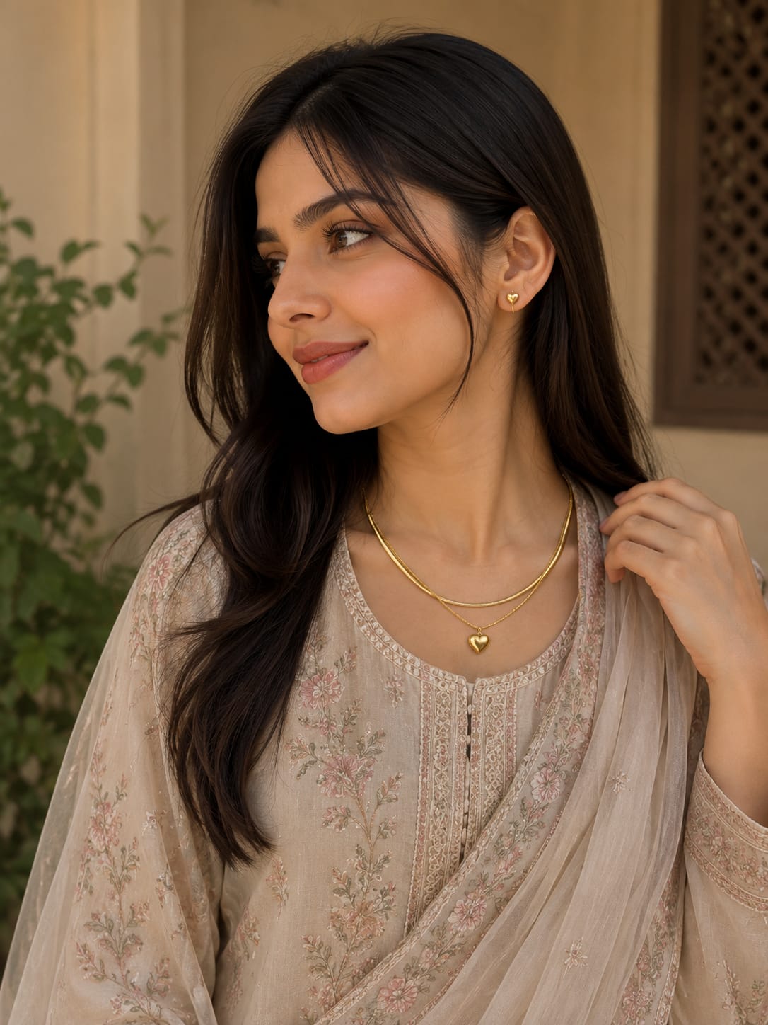 Gold-Tone Layered Heart Pendant Necklace for Women | Puffy Heart Charm Double Layer Snake & Herringbone Chain