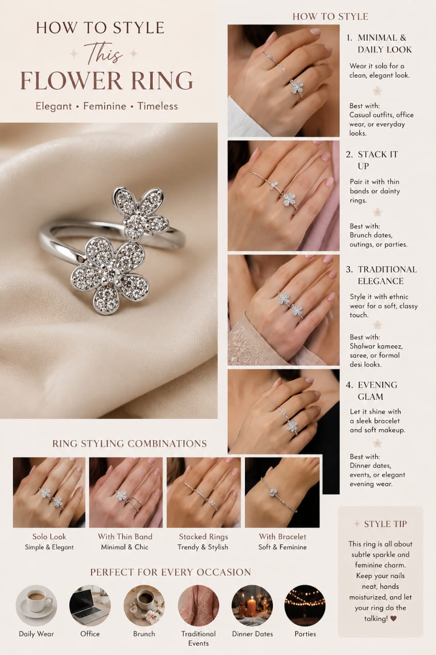 Luxury Floral Zircon Adjustable Ring for Women | Silver Flower Crystal Ring