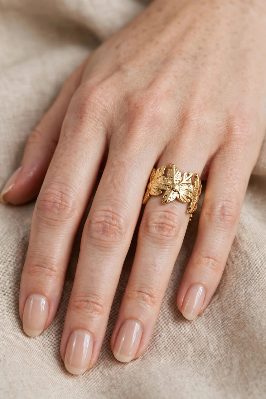 Gold Tone Stainless Steel Floral Ring for Women – Vintage Leaf Statement Ring