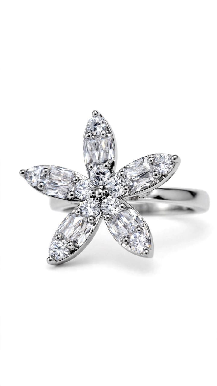 Elegant Crystal Flower Ring for Women – Sparkling 5-Petal Floral Statement Ring