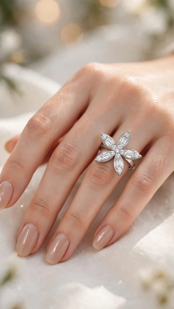 Elegant Crystal Flower Ring for Women – Sparkling 5-Petal Floral Statement Ring