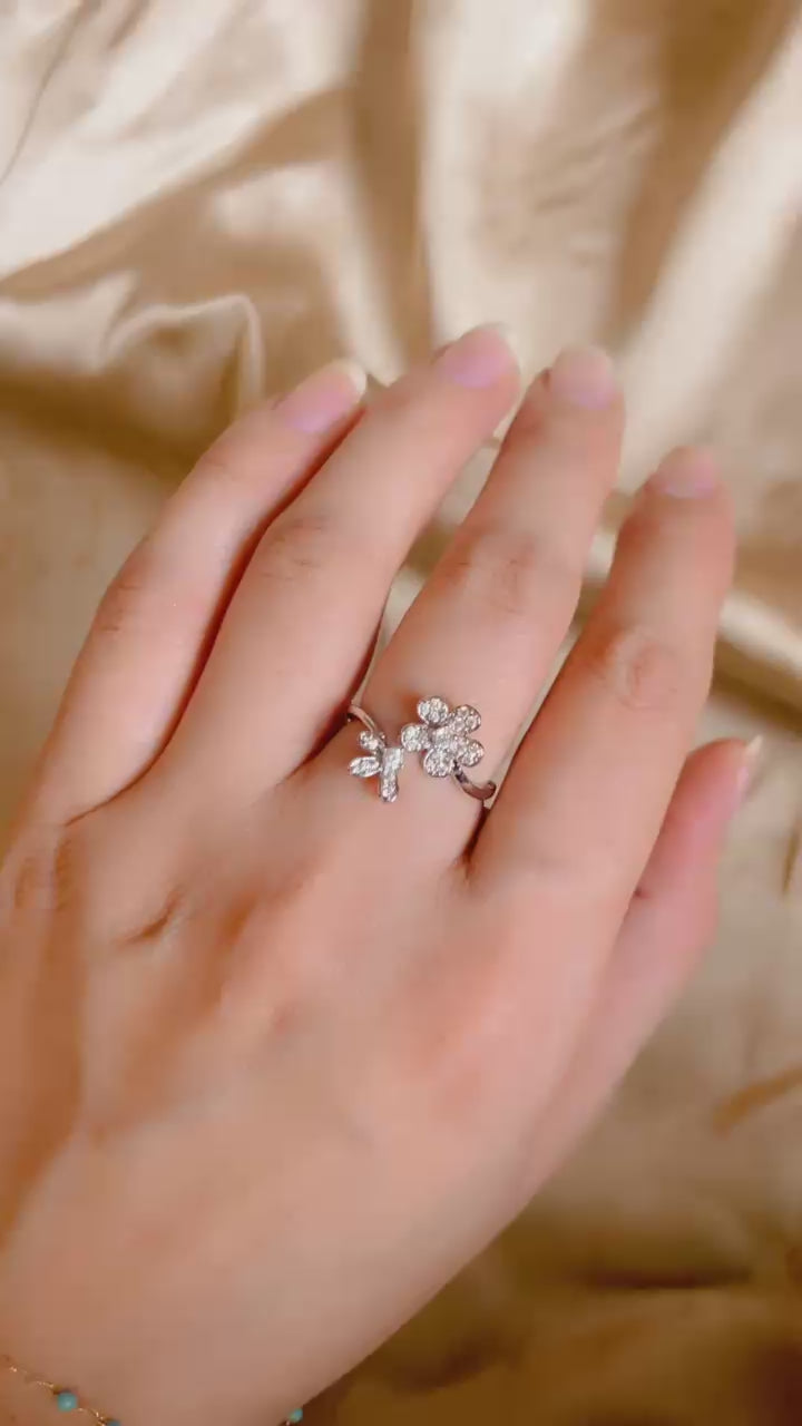 Luxury Floral Zircon Adjustable Ring for Women | Silver Flower Crystal Ring